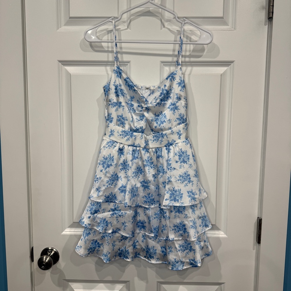Altar'd State Blue Floral Tie-Front Tiered Mini Dress Size XS - Picture 2 of 7